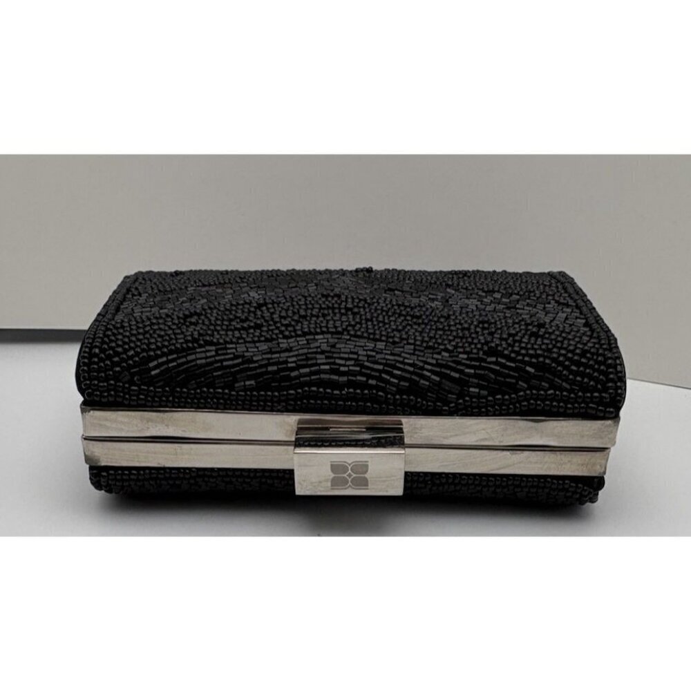 BCBG Maxazria Black Beaded Clutch Purse Handbag Hot Pink Lining Chrome Trim - Picture 8 of 9